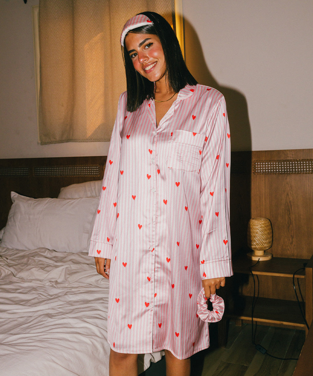 Red Hearts Satin Shirt Dress