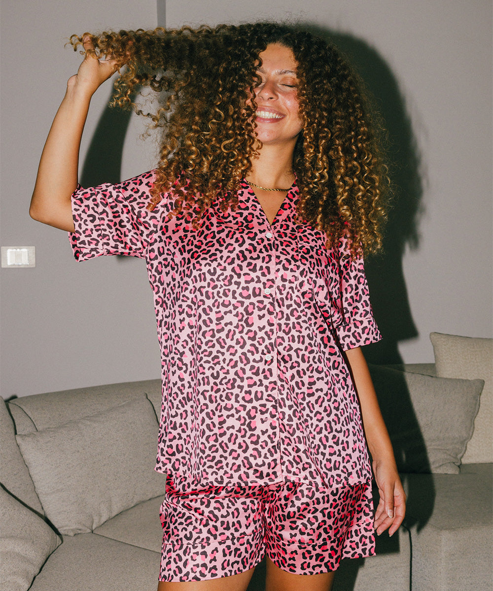 Pink Leopard Satin Pyjama Short Set