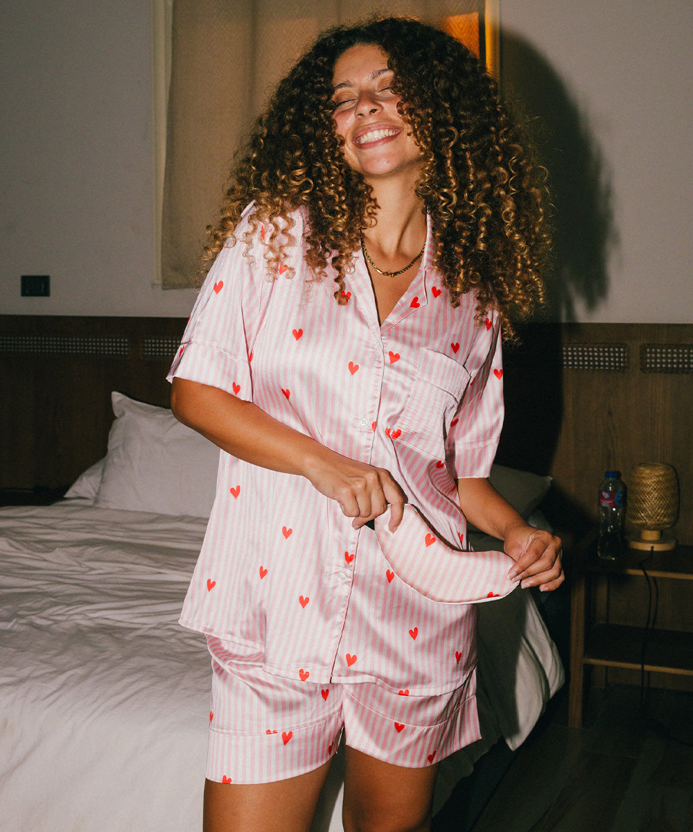 Red Hearts Satin Pyjama Short Set