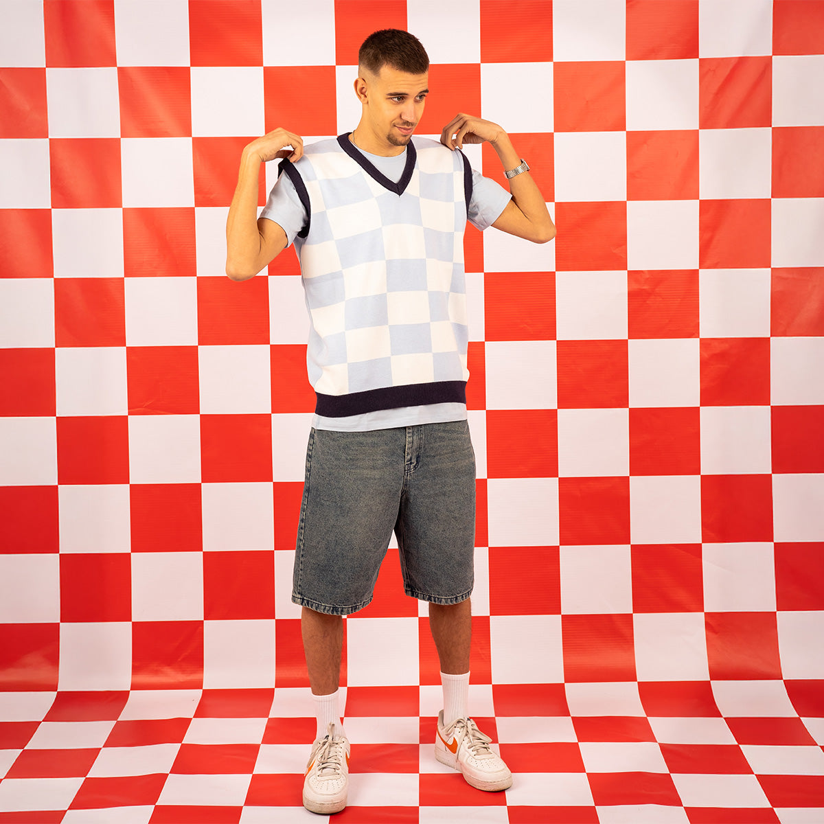 V Neck Checkered Vest