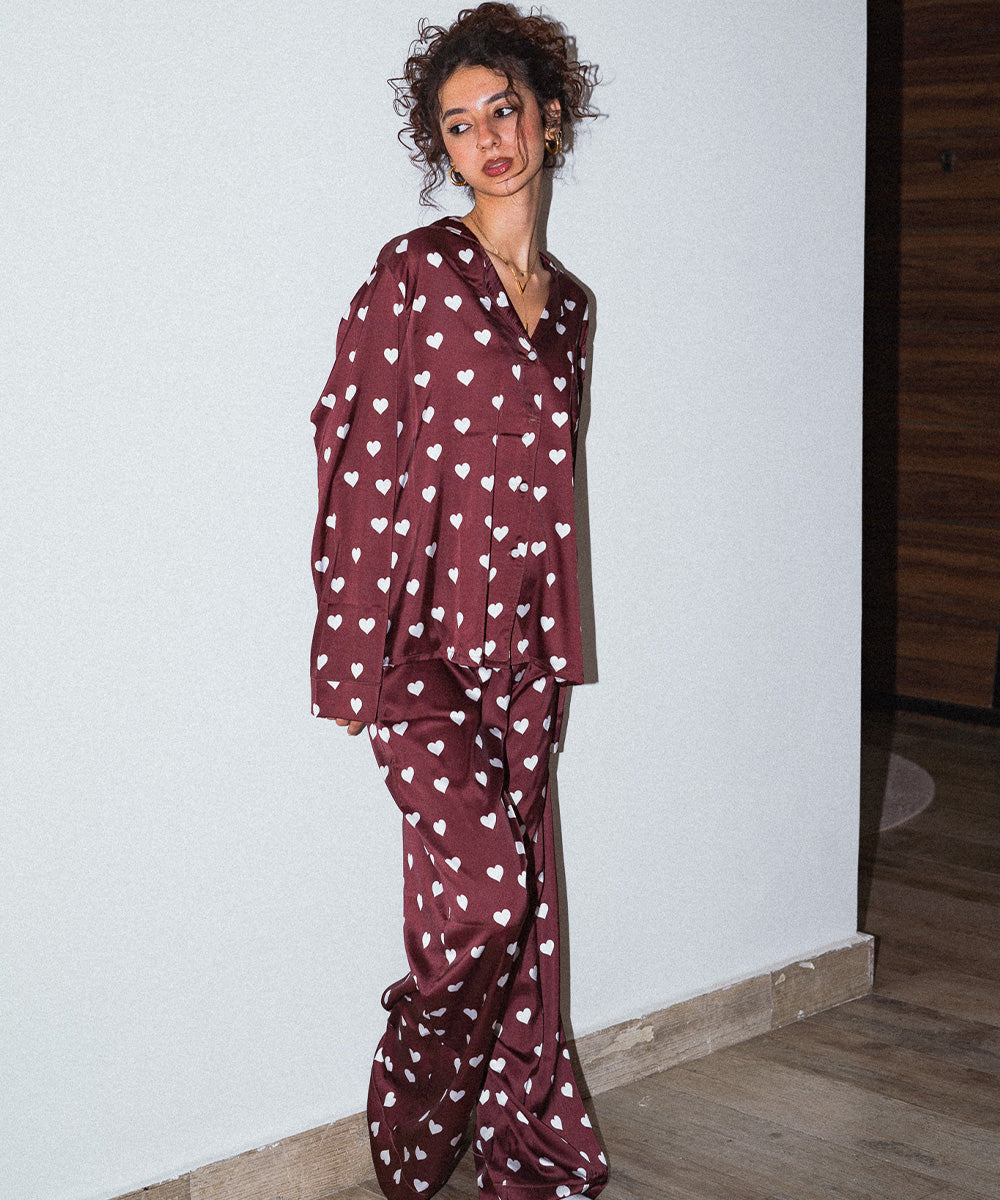 White Hearts Satin Pyjama Set