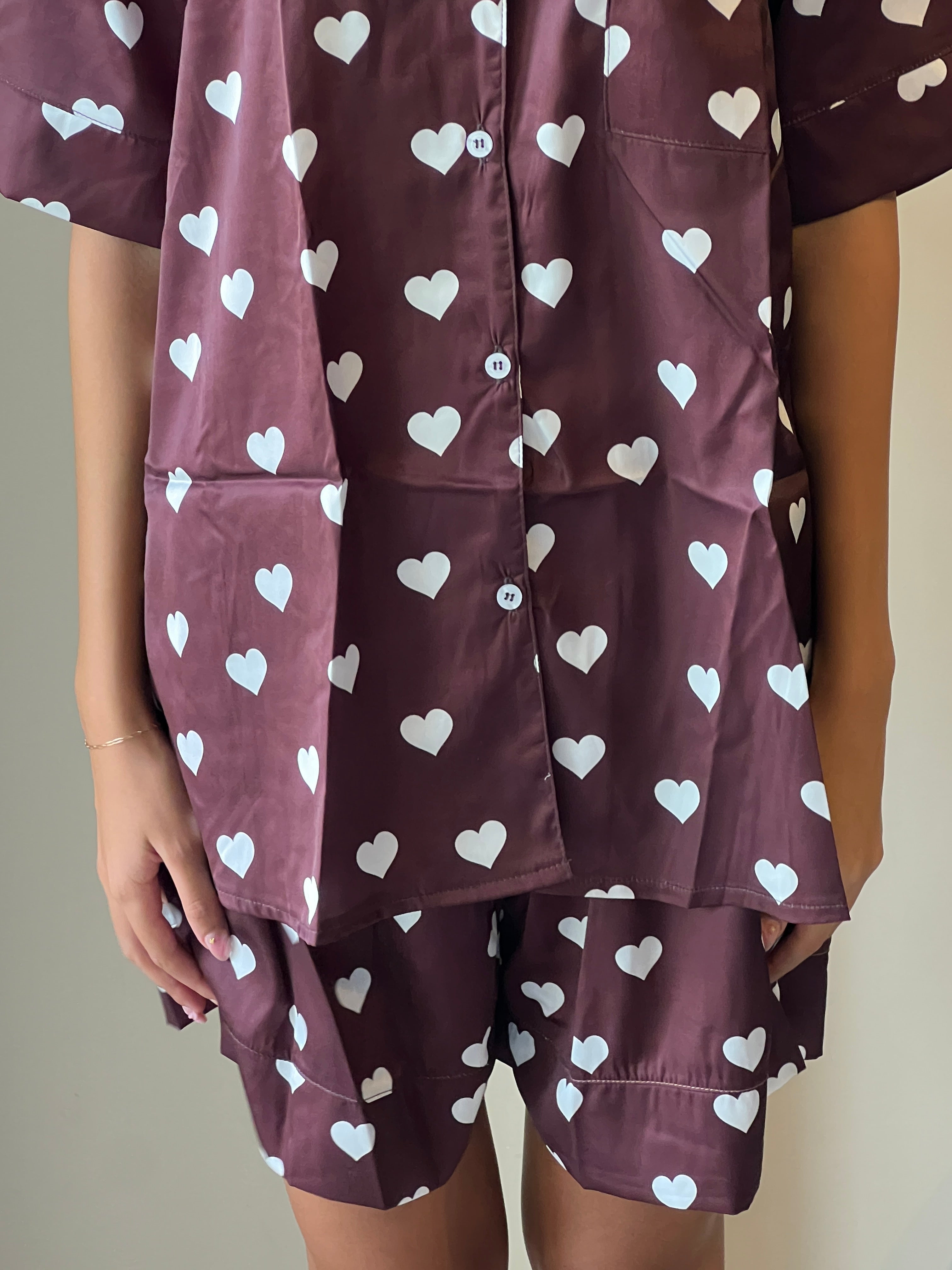 White hearts Satin Pyjama Short Set