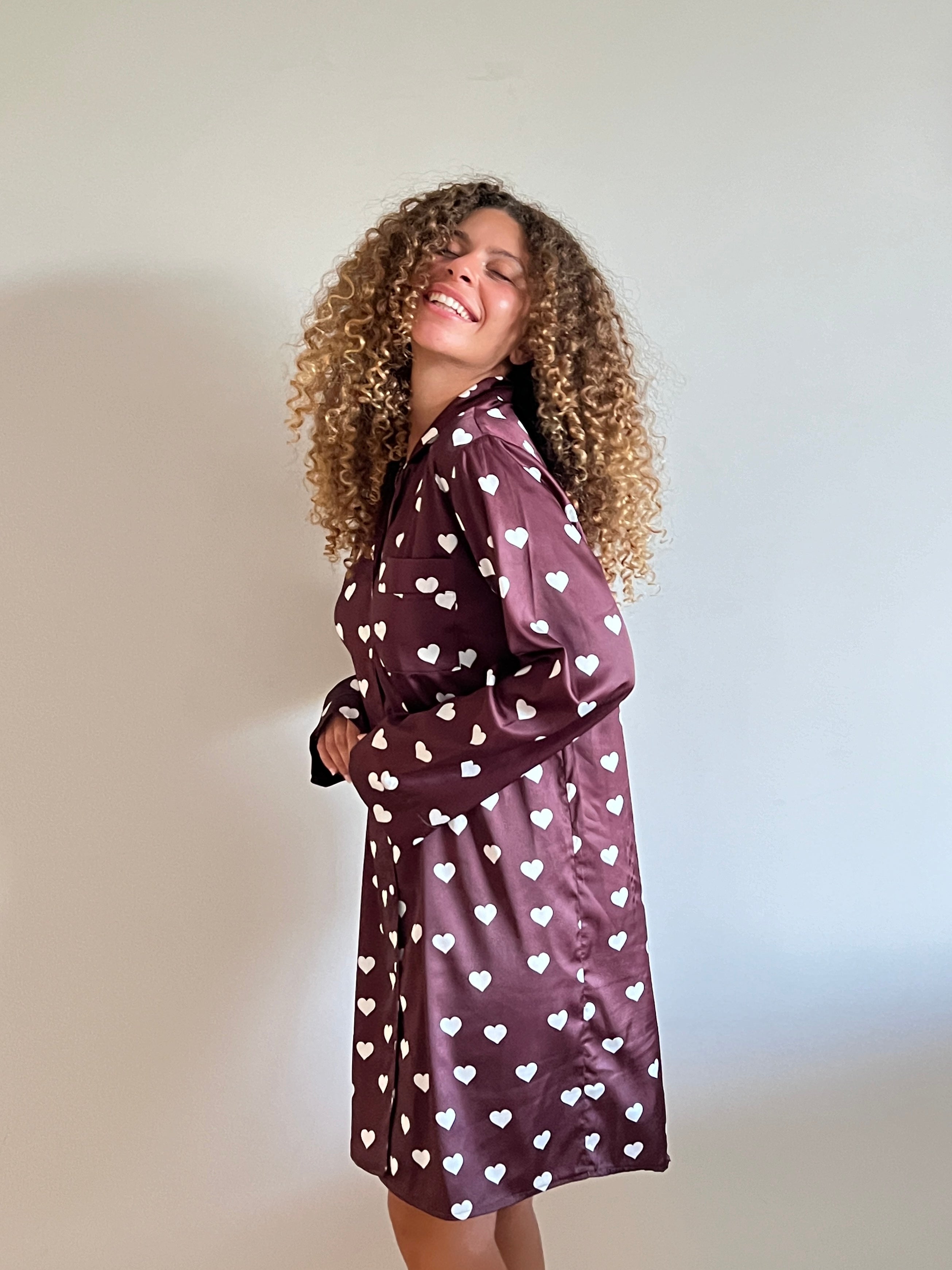 White Hearts Satin Shirt Dress