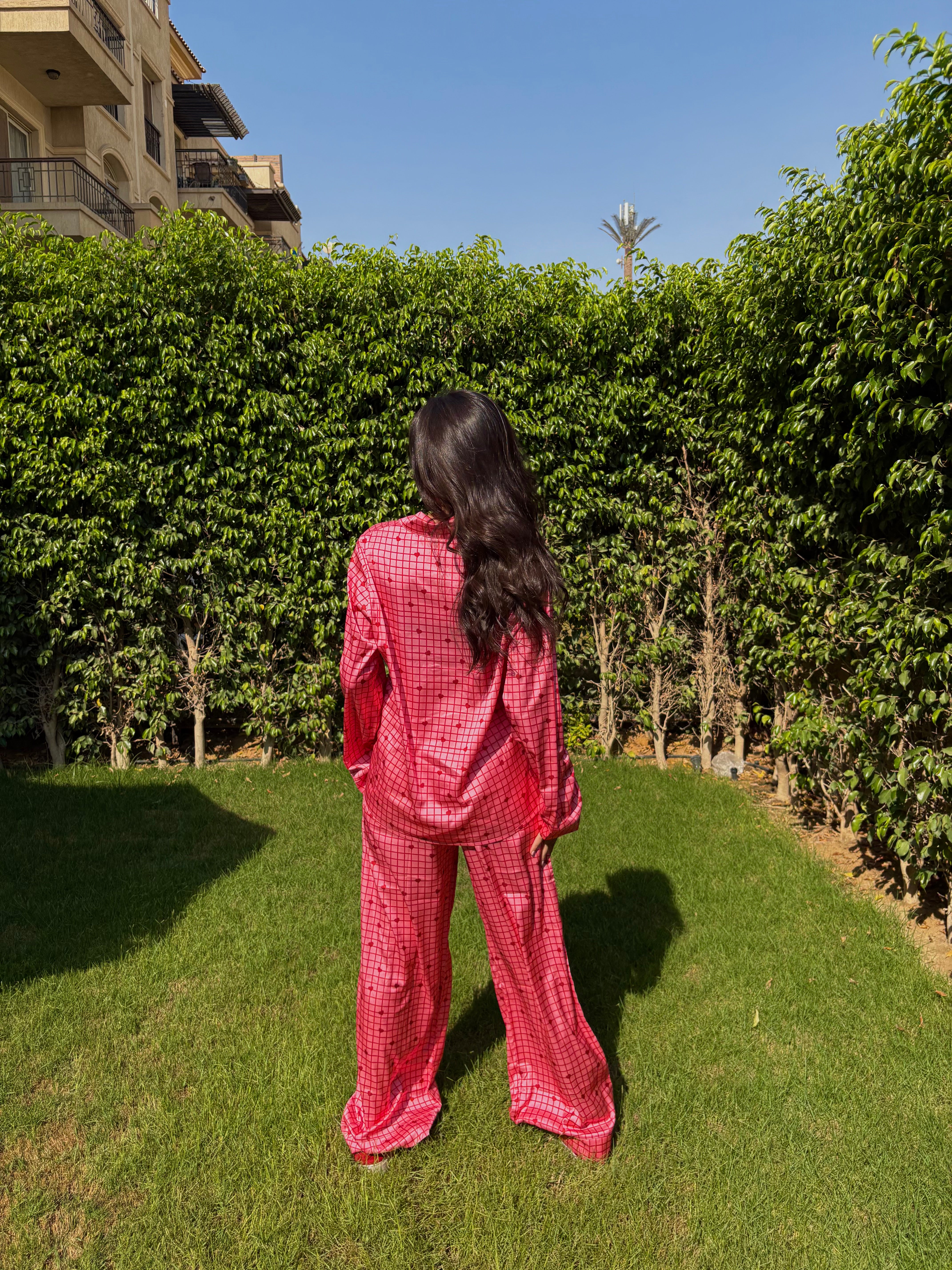 Checkered Hearts Satin Pyjama pants Set