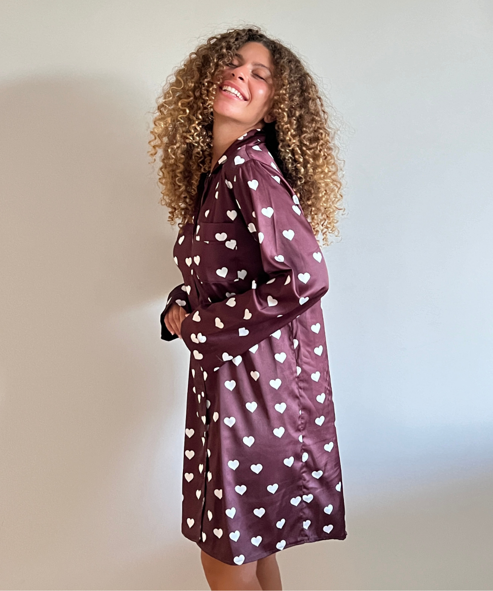 White Hearts Satin Shirt Dress