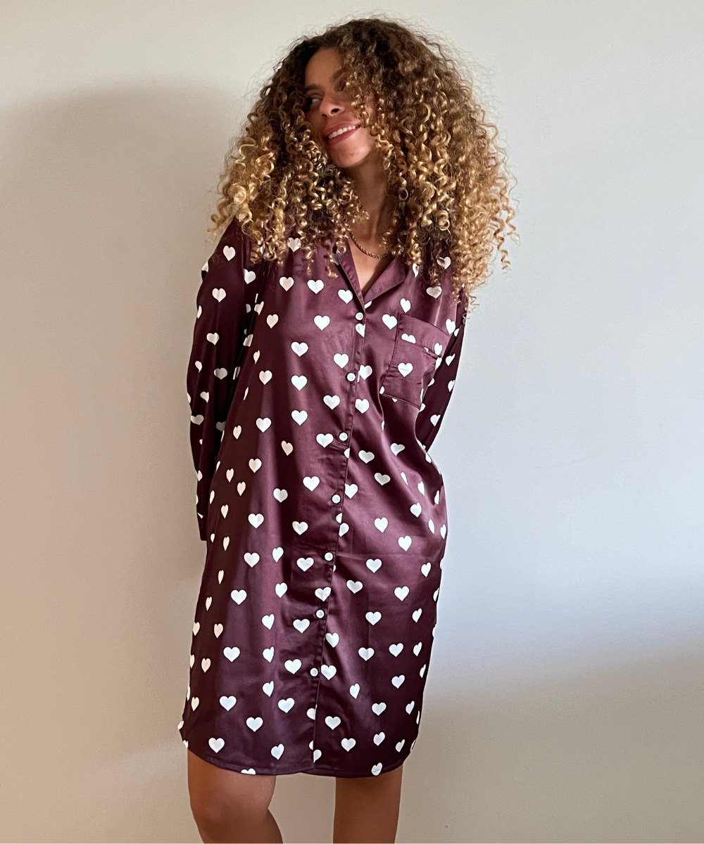 White Hearts Satin Shirt Dress